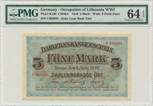 Kowno, Banknot 5 marek 1918 - C - PMG 64 EPQ