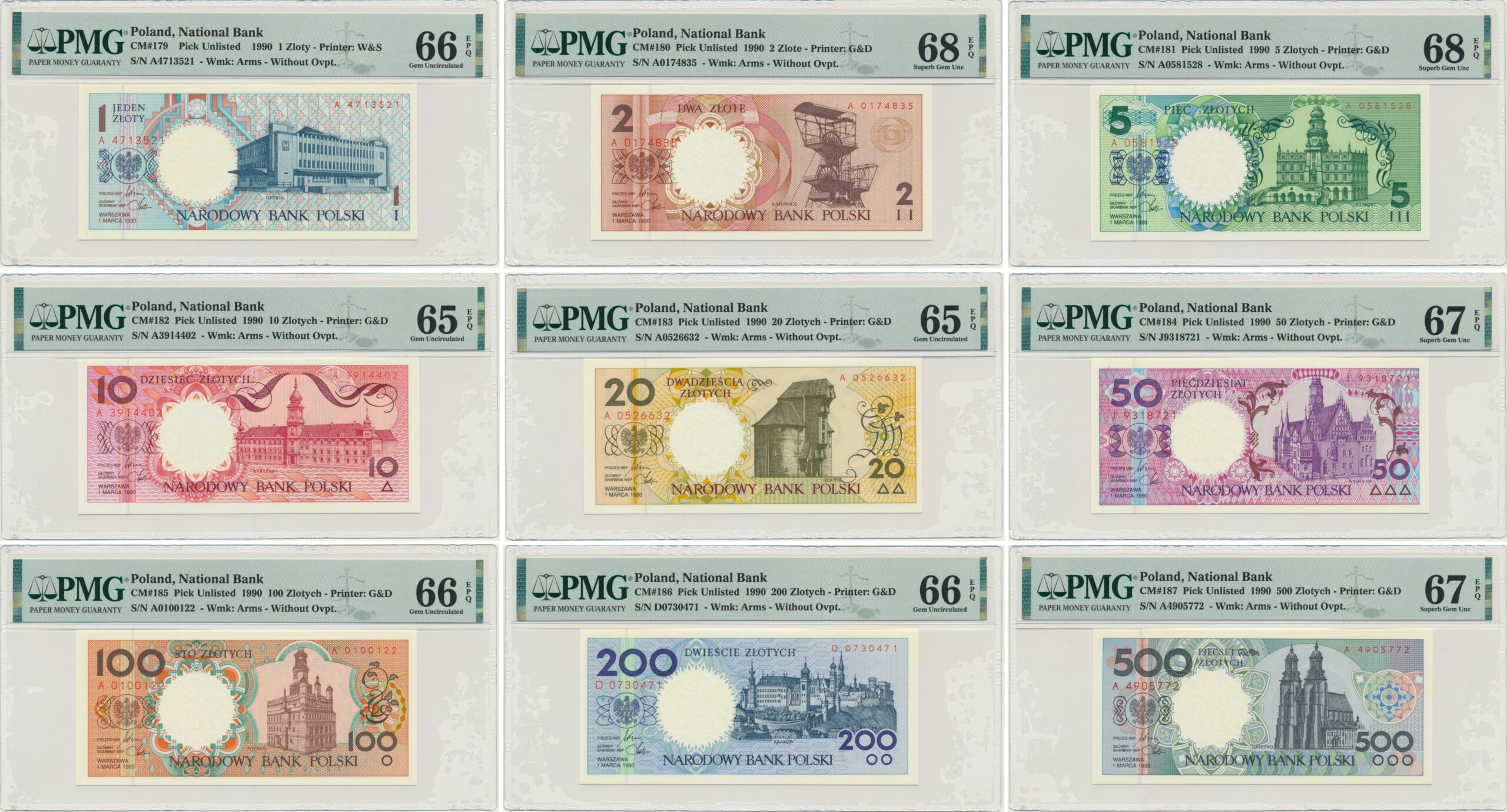 Komplet Miasta Polski bez nadruku (9szt.) - różne serie - PMG 65 EPQ - 68 EPQ