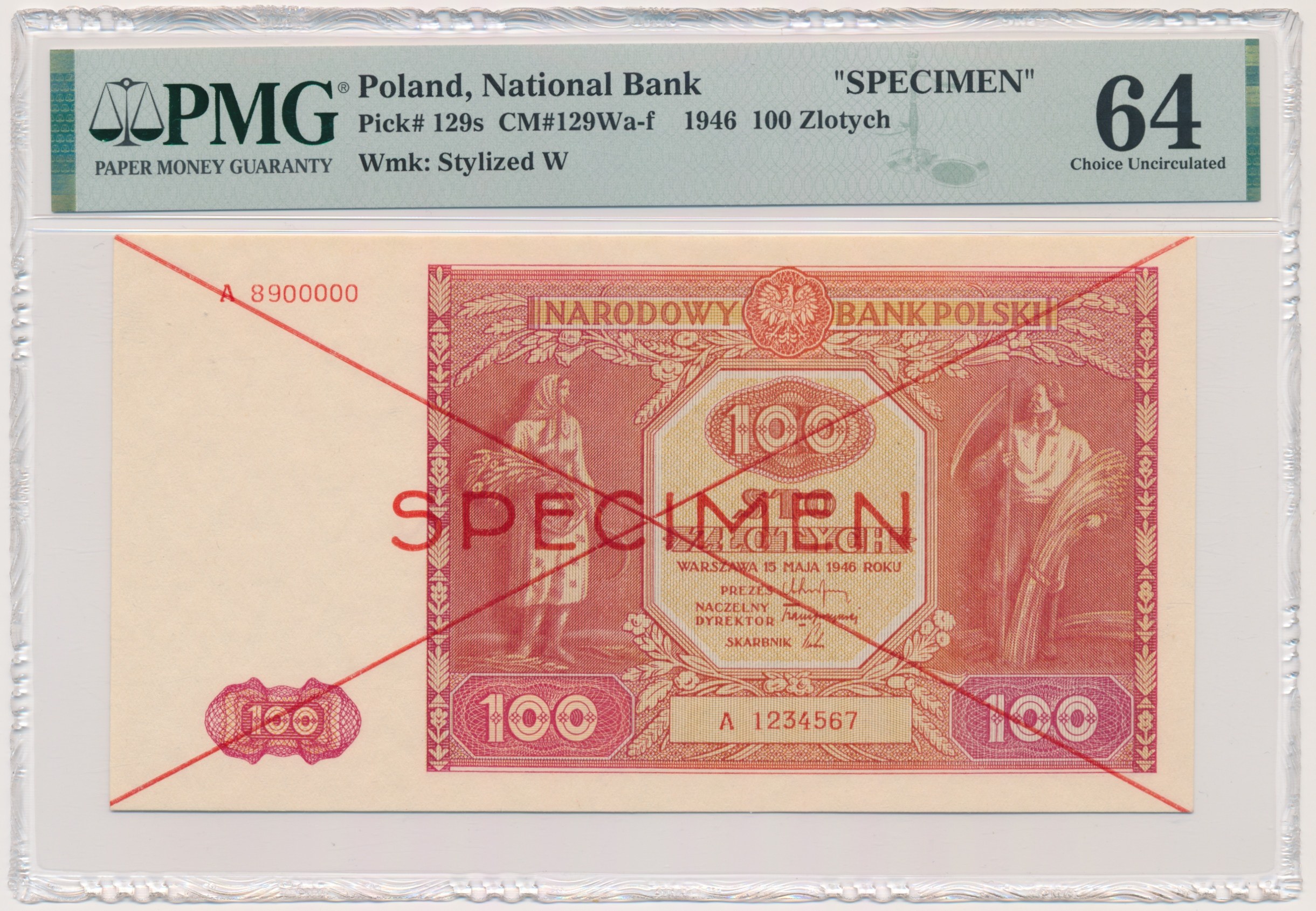 100 złotych 1946 - SPECIMEN - A - PMG 64