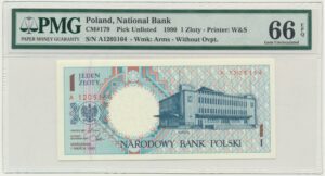 Banknot 1 złoty 1990 - A - PMG 66 EPQ
