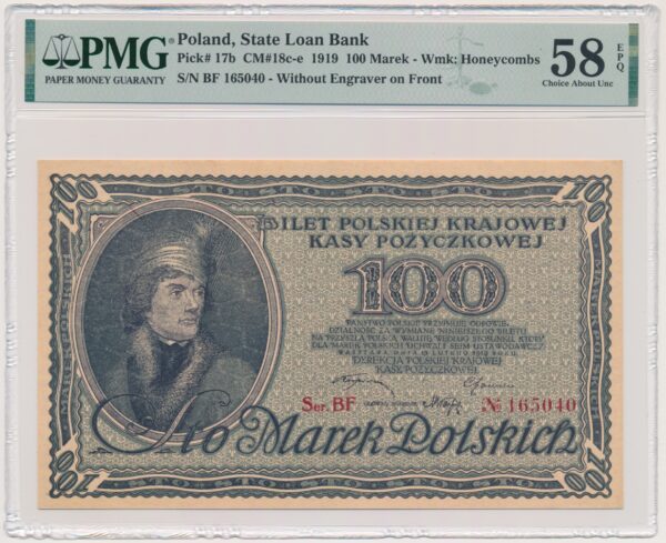 100 marek 1919 - Ser.BF - PMG 58 EPQ - numerator czerwony