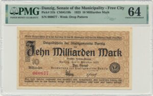 Gdańsk, Banknot 10 miliardów marek 1923 - znw. "krople"- PMG 64