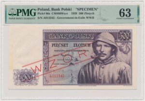 500 złotych 1939 - WZÓR - A 012345 - PMG 63