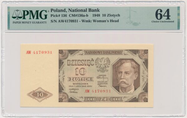 10 złotych 1948 - AW - PMG 64