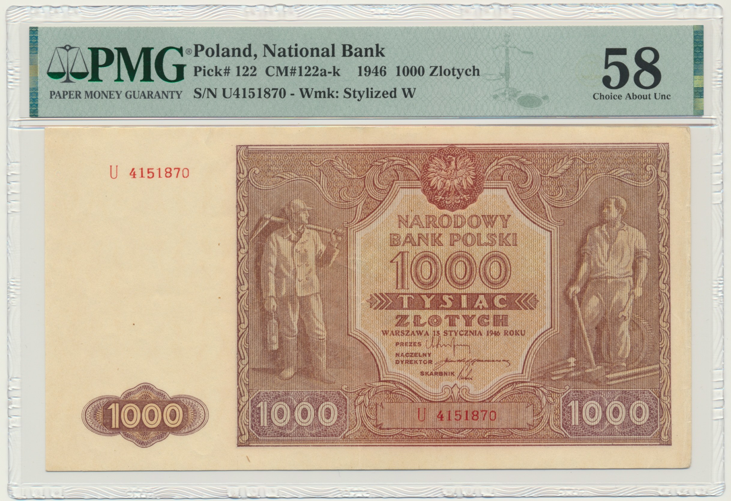 1.000 złotych 1946 - U - PMG 58 - rzadsza odmiana