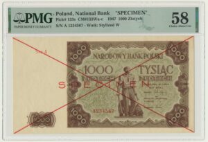 1.000 złotych 1947 - WZÓR - A 1234567 - PMG 58