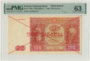 100 złotych 1946 - SPECIMEN - A 8900000/1234567 - PMG 63