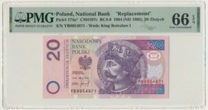 20 złotych 1994 - YB - PMG 66 EPQ - seria zastępcza