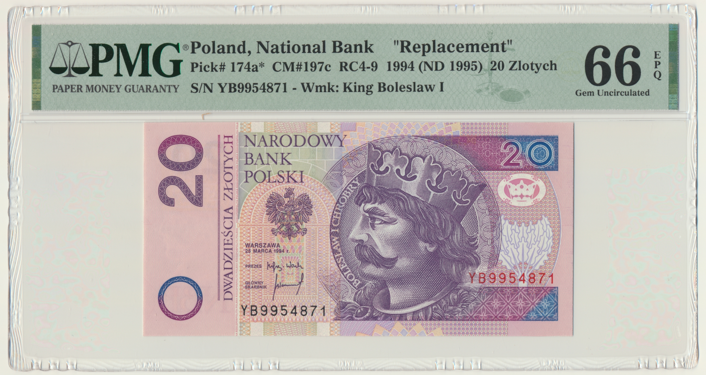 20 złotych 1994 - YB - PMG 66 EPQ - seria zastępcza